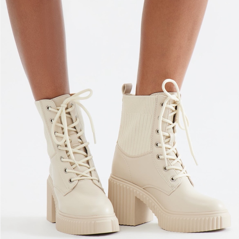 Fashion Nova Cream Lace-Up Boots